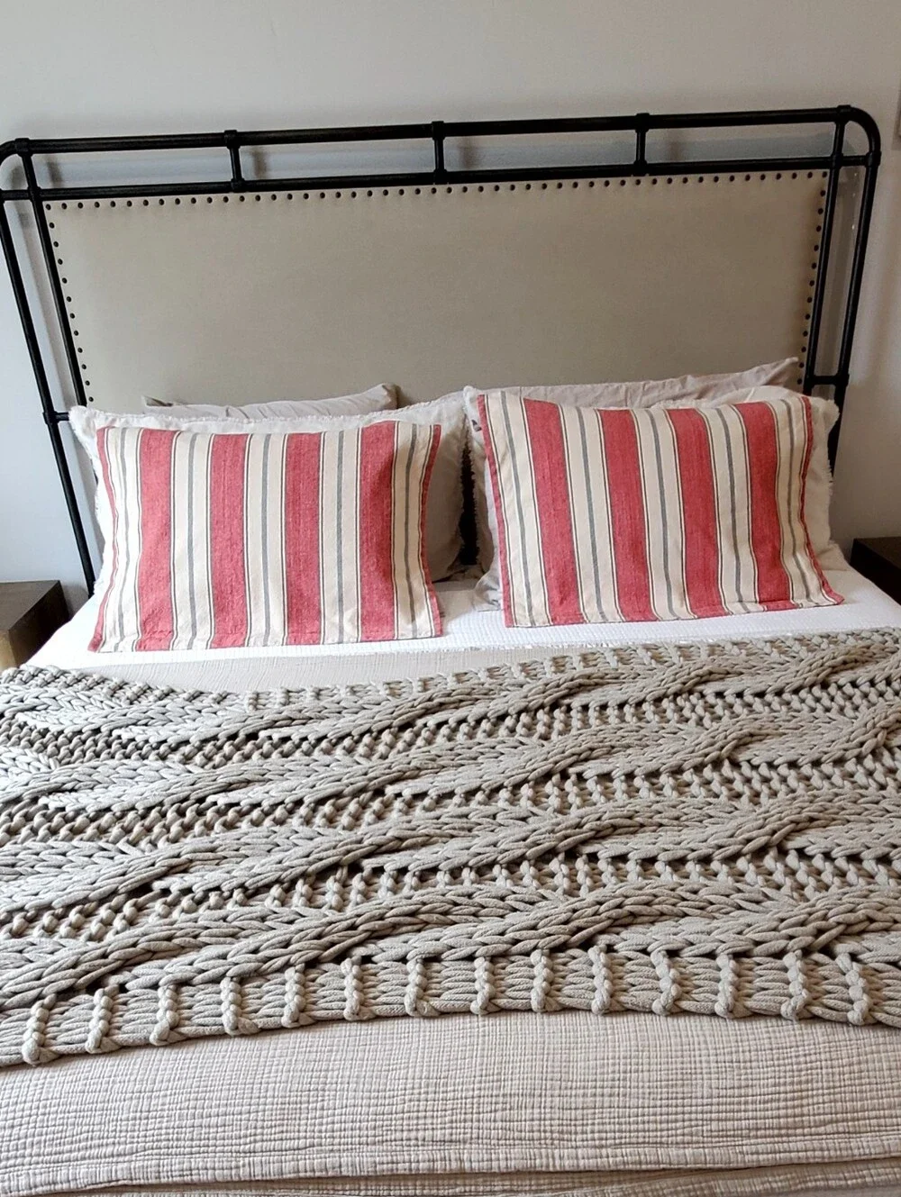 Pottery Barn Farmhouse Linen/Cotton Red/Cream Stripe Pillow Sham Set, Near New!
